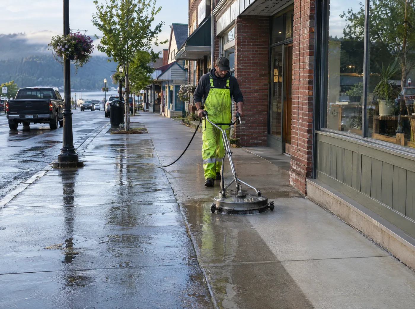 Technician surface-cleaning a storefront sidewalk