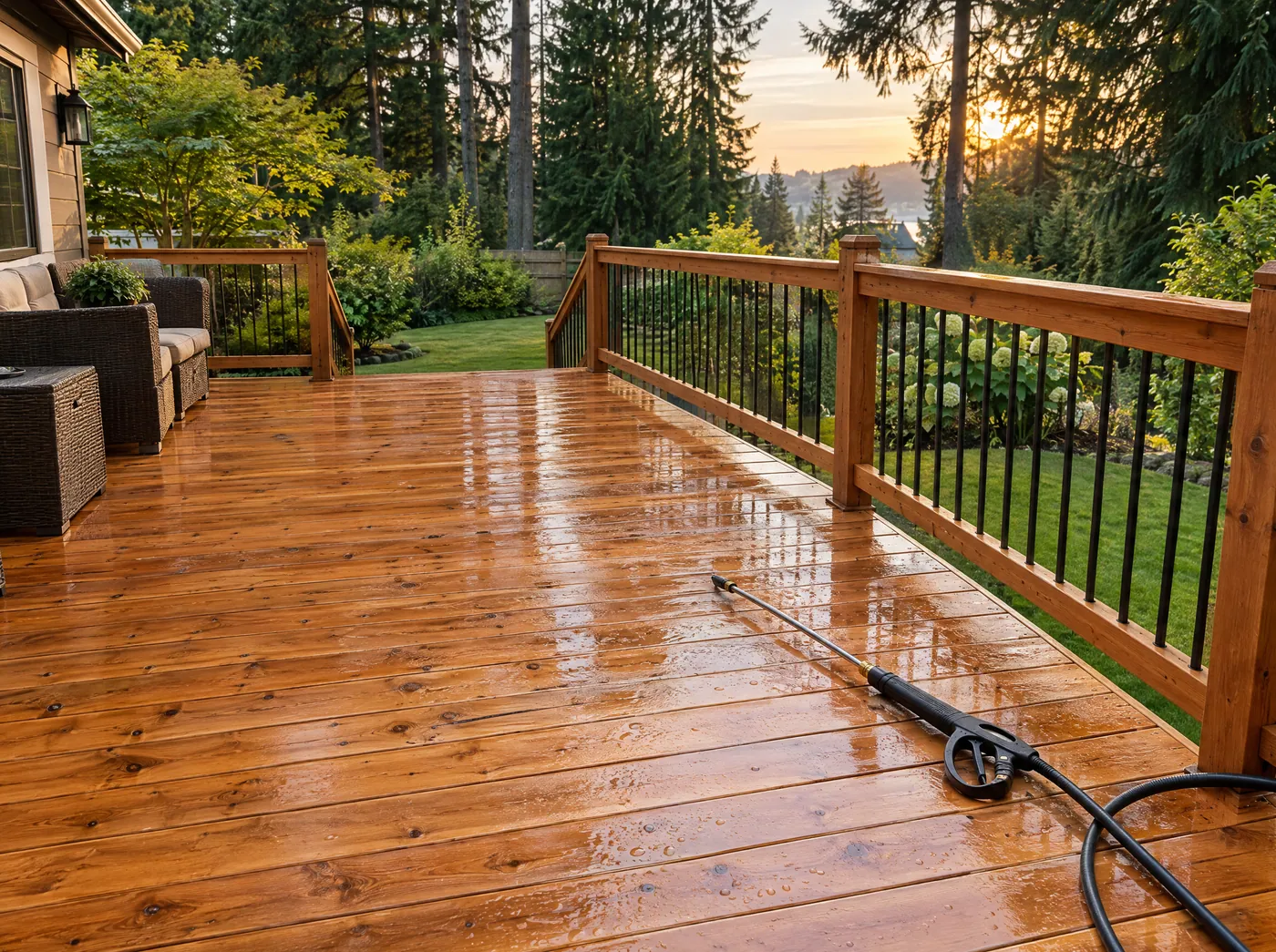 Cedar deck with its wood color restored after cleaning
