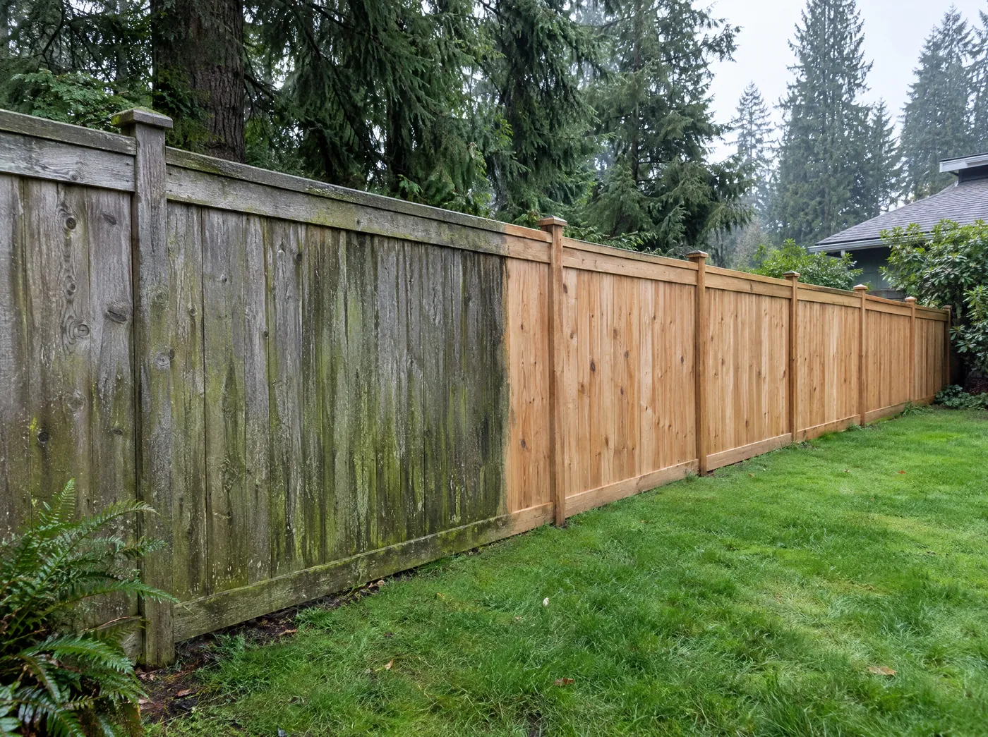 Wood fence half cleaned, showing mildew removed