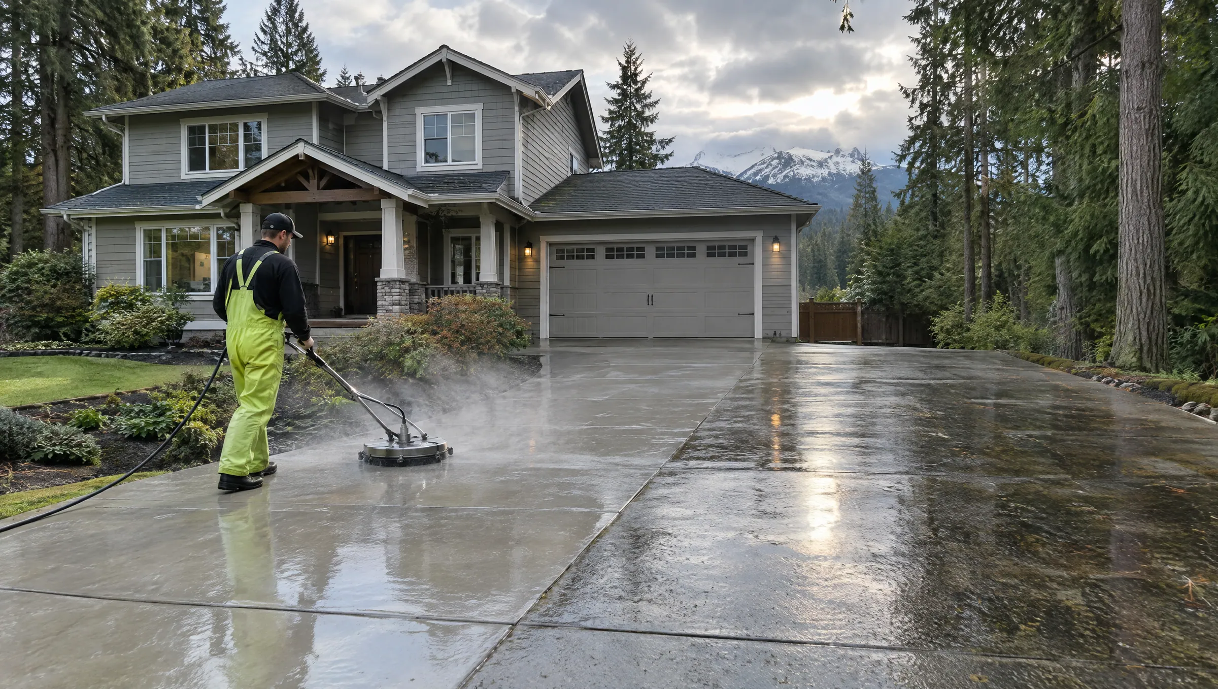 Technician surface-cleaning a concrete driveway in front of an Arlington, WA home