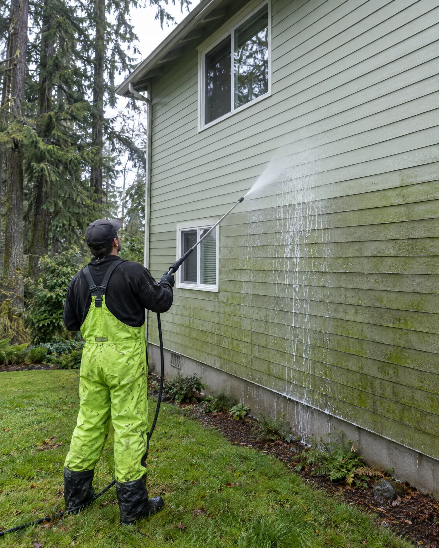 Technician soft washing green algae off a two-story home's siding